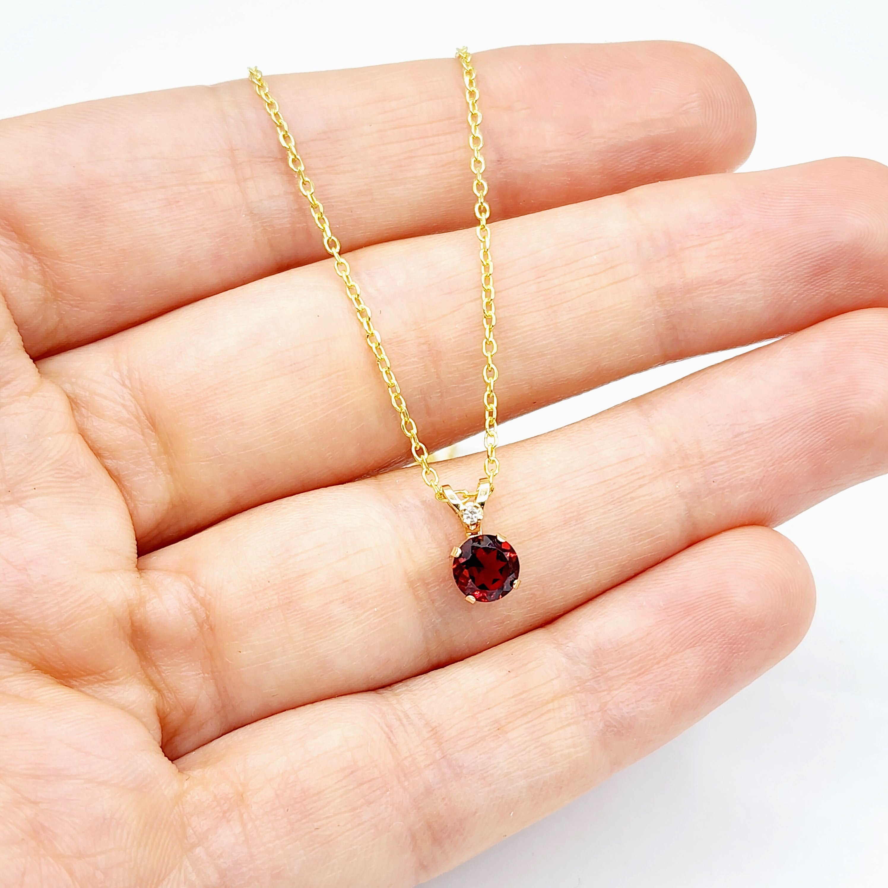 10K Yellow Gold, Garnet Gemstone Pendant, Diamond Accent Elegant Necklace, January Birthstone Jewelry, Glamorous Statement Necklace