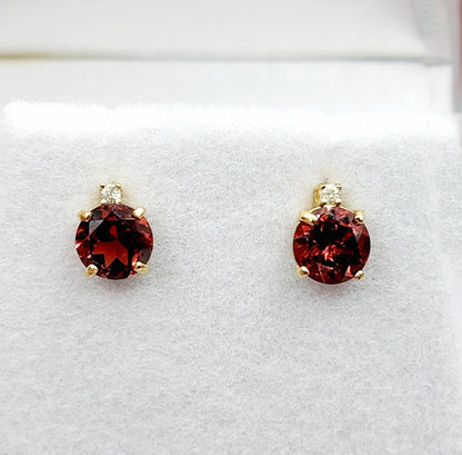 Gold Garnet Stud Earrings, 10K Yellow Gold Genuine Garnet 5x5mm with Diamond Stud Earrings