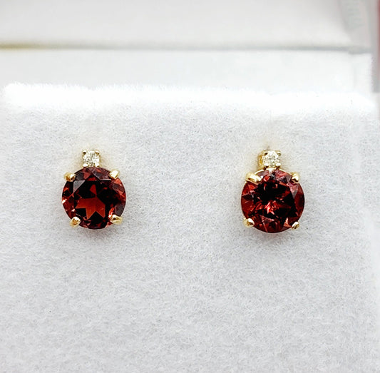 Gold Garnet Stud Earrings, 10K Yellow Gold Genuine Garnet 5x5mm with Diamond Stud Earrings