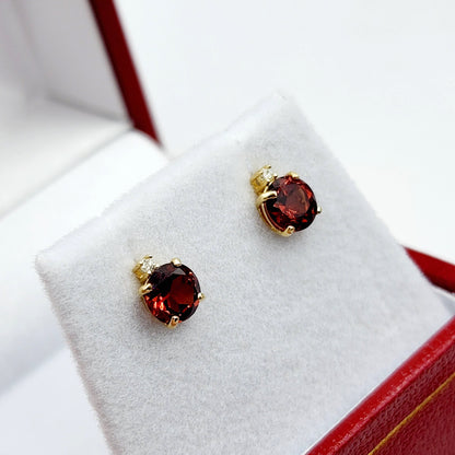 Gold Garnet Stud Earrings, 10K Yellow Gold Genuine Garnet 5x5mm with Diamond Stud Earrings
