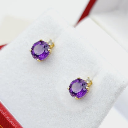 Amethyst Earrings | 10K Yellow Gold Amethyst with Diamond Stud Earrings