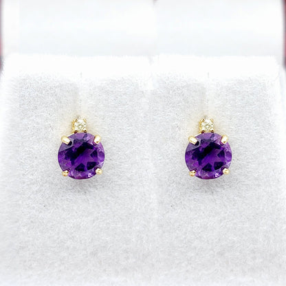 Amethyst Earrings | 10K Yellow Gold Amethyst with Diamond Stud Earrings