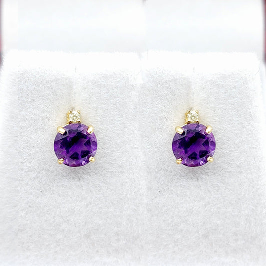 Amethyst Earrings | 10K Yellow Gold Amethyst with Diamond Stud Earrings