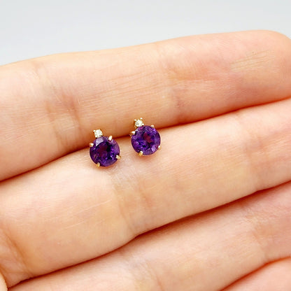 Amethyst Earrings | 10K Yellow Gold Amethyst with Diamond Stud Earrings