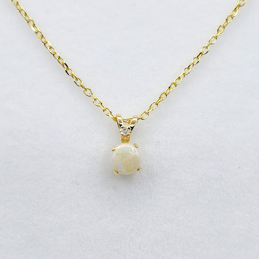Genuine Opal Necklace | 10K Yellow Gold Opal 0.6ct with Diamond 0.01ct Pendant