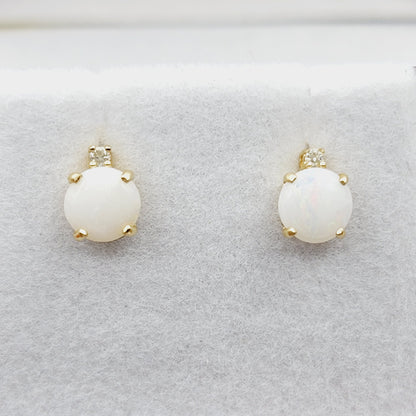Genuine Opal Earrings | 10K Yellow Gold Opal with Diamond Stud Earrings