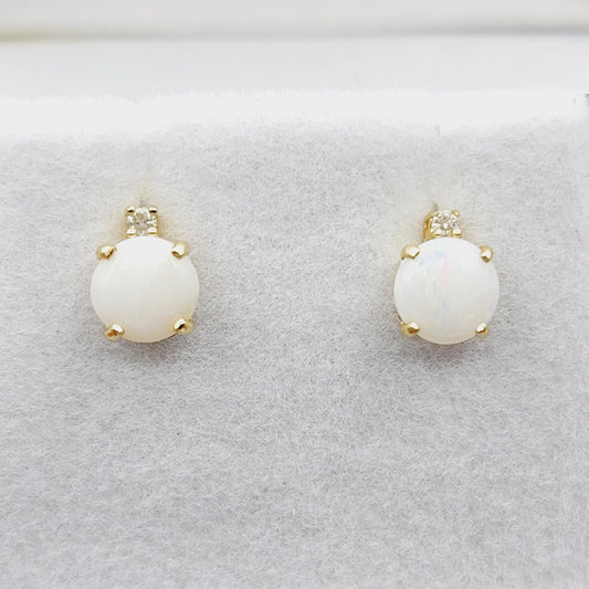 Genuine Opal Earrings | 10K Yellow Gold Opal with Diamond Stud Earrings