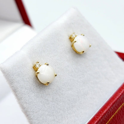 Genuine Opal Earrings | 10K Yellow Gold Opal with Diamond Stud Earrings