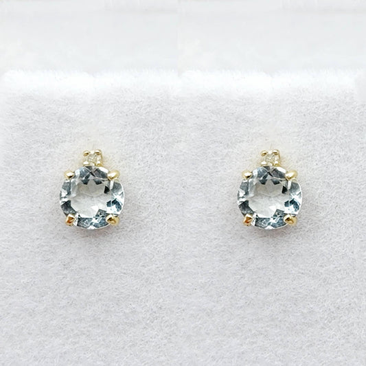 Genuine Aquamarine Earrings | 10K Yellow Gold Aquamarine with Diamond Stud Earrings