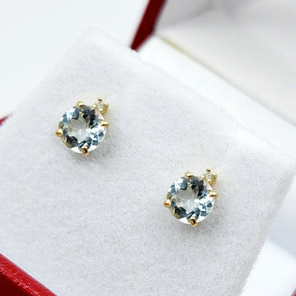 Genuine Aquamarine Earrings | 10K Yellow Gold Aquamarine with Diamond Stud Earrings