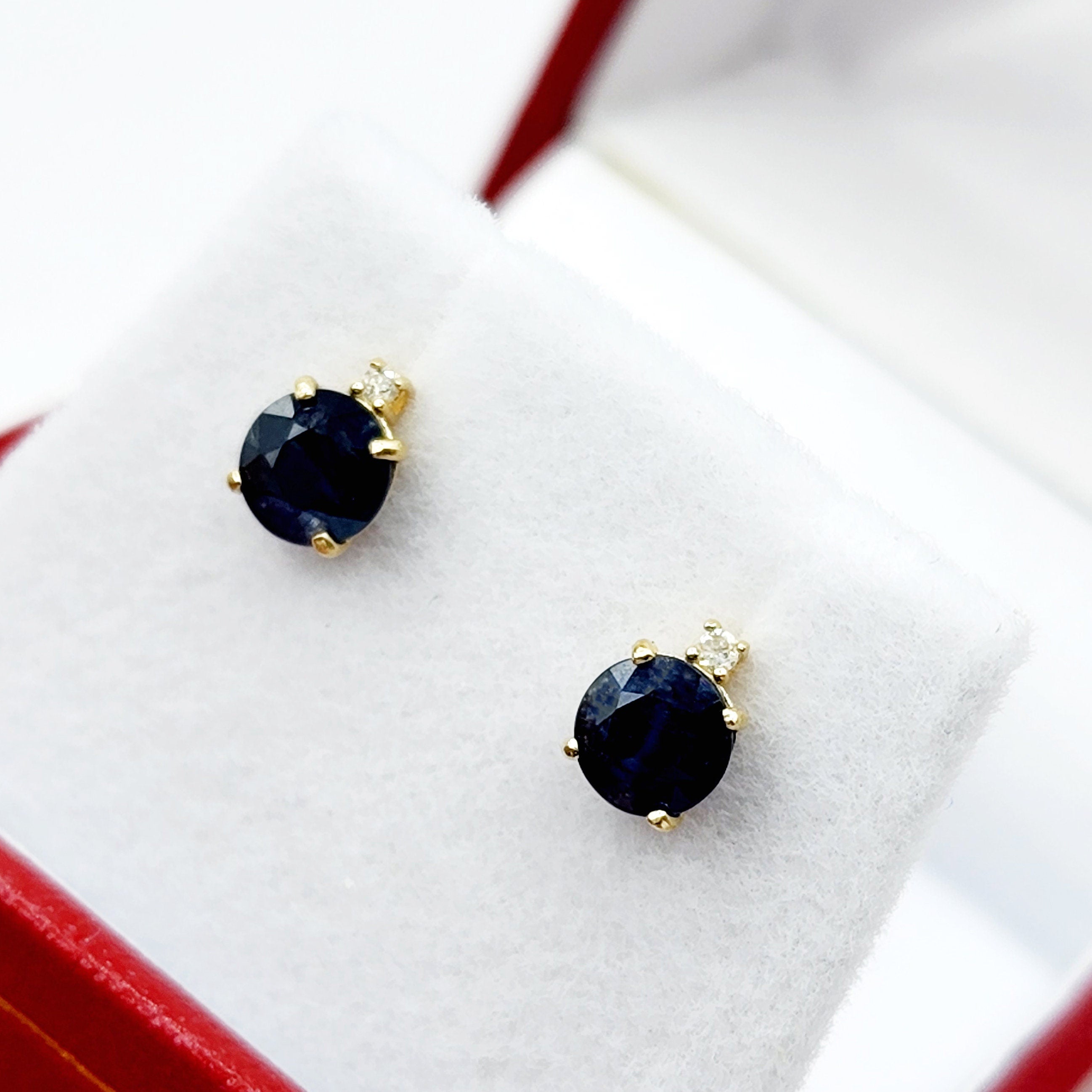 Natural Blue Sapphire Earrings | 10K Yellow Gold Blue Sapphire with Diamond Stud Earrings