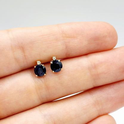 Natural Blue Sapphire Earrings | 10K Yellow Gold Blue Sapphire with Diamond Stud Earrings