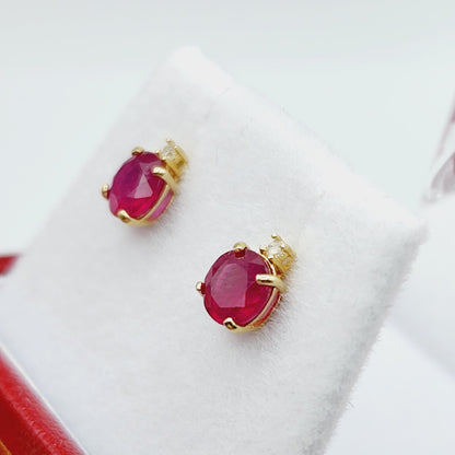Genuine Ruby Earrings | 10K Yellow Gold Ruby with Diamond Stud Earrings, July Birthstone