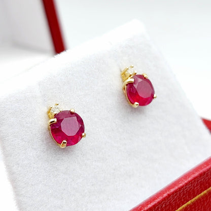 Genuine Ruby Earrings | 10K Yellow Gold Ruby with Diamond Stud Earrings, July Birthstone
