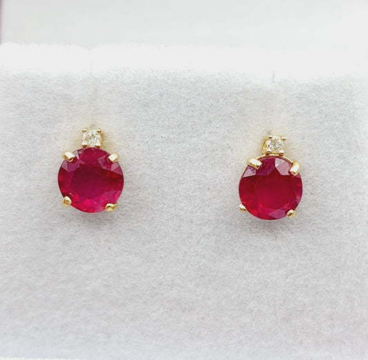 Genuine Ruby Earrings | 10K Yellow Gold Ruby with Diamond Stud Earrings, July Birthstone