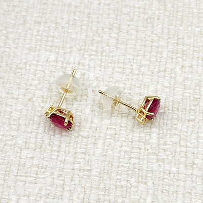 Genuine Ruby Earrings | 10K Yellow Gold Ruby with Diamond Stud Earrings, July Birthstone