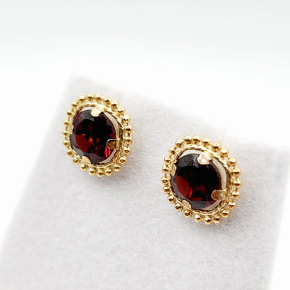 Gold Garnet Earrings, 10K Yellow Gold Milgrain Garnet 6x6mm Stud Earrings, Garnet Earrings for Women, January Birthstone, Milgrain Design