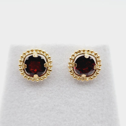 Gold Garnet Earrings, 10K Yellow Gold Milgrain Garnet 6x6mm Stud Earrings, Garnet Earrings for Women, January Birthstone, Milgrain Design