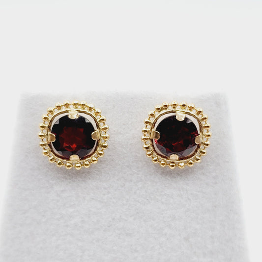 Gold Garnet Earrings, 10K Yellow Gold Milgrain Garnet 6x6mm Stud Earrings, Garnet Earrings for Women, January Birthstone, Milgrain Design