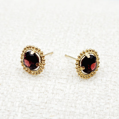 Gold Garnet Earrings, 10K Yellow Gold Milgrain Garnet 6x6mm Stud Earrings, Garnet Earrings for Women, January Birthstone, Milgrain Design
