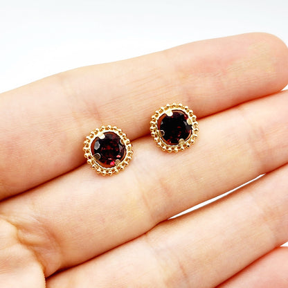 Gold Garnet Earrings, 10K Yellow Gold Milgrain Garnet 6x6mm Stud Earrings, Garnet Earrings for Women, January Birthstone, Milgrain Design