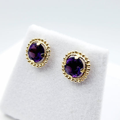 Gold Amethyst Earrings | 10K Yellow Gold Milgrain Design Genuine Amethyst 6x6mm Stud Earrings | Genuine Amethyst Earrings for Women