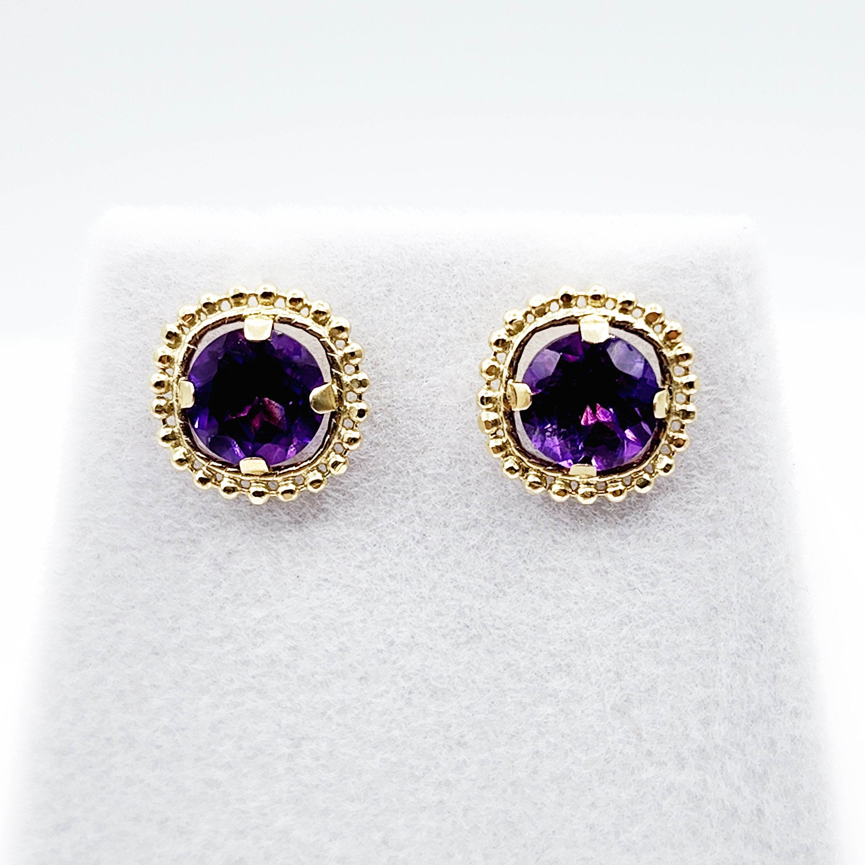 Gold Amethyst Earrings | 10K Yellow Gold Milgrain Design Genuine Amethyst 6x6mm Stud Earrings | Genuine Amethyst Earrings for Women