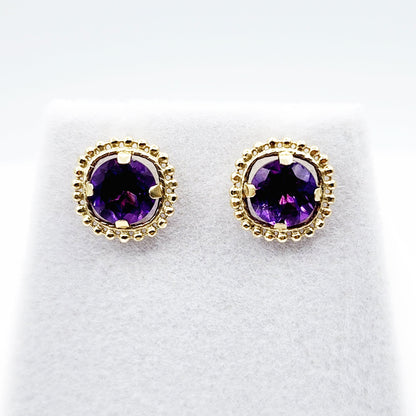 Gold Amethyst Earrings | 10K Yellow Gold Milgrain Design Genuine Amethyst 6x6mm Stud Earrings | Genuine Amethyst Earrings for Women