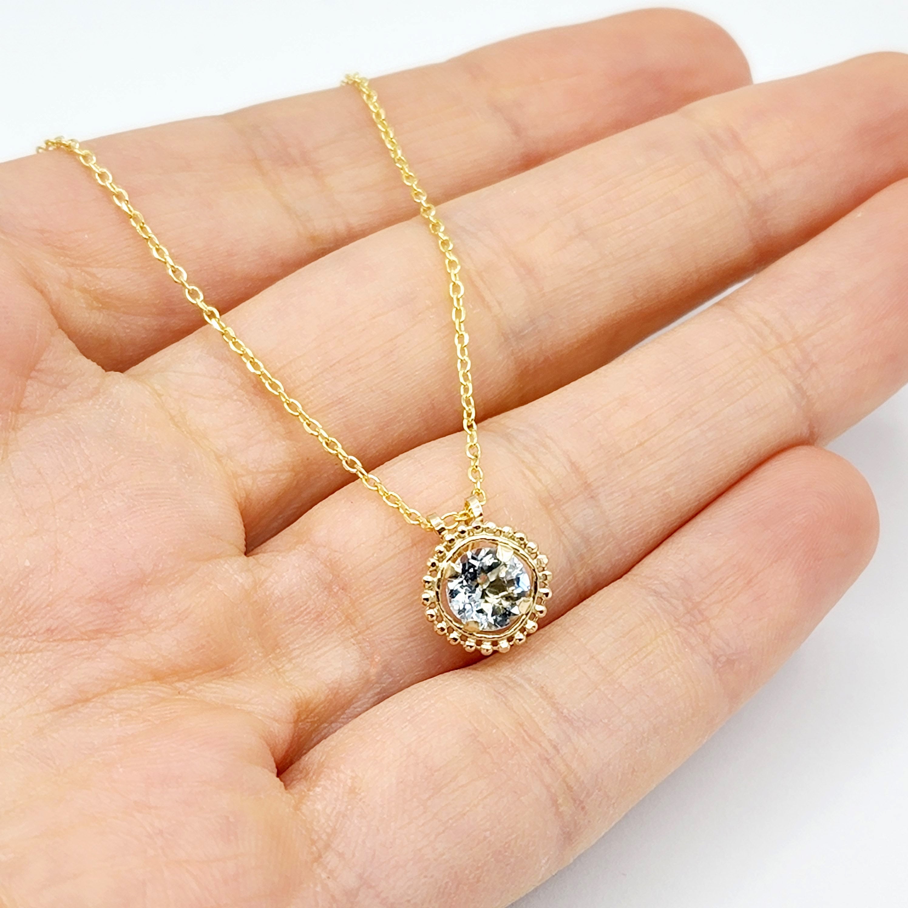 Gold Aquamarine Pendant | 10K Yellow Gold Milgrain Genuine Aquamarine 6x6mm Pendant | Genuine Aquamarine Necklace for Women