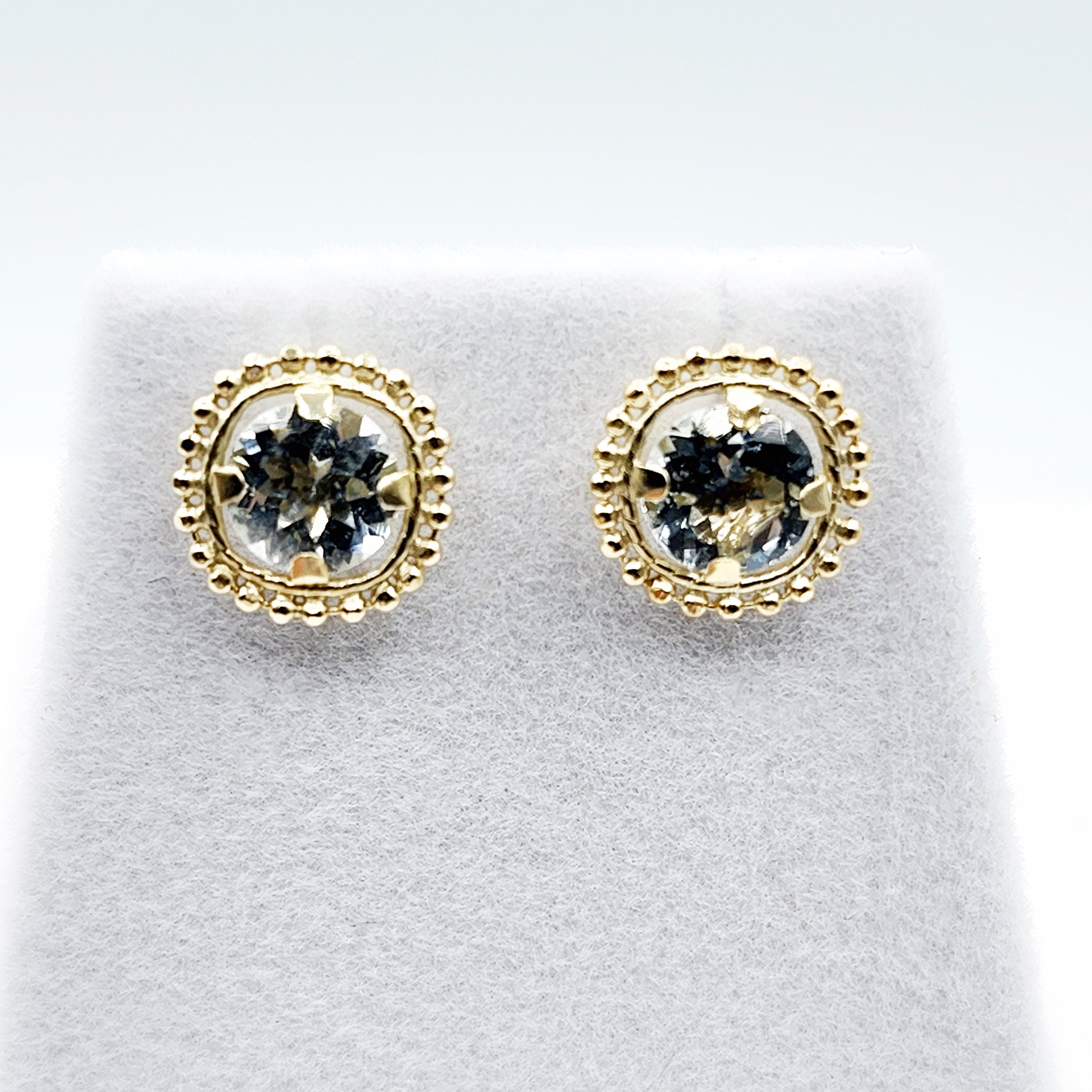 Gold Aquamarine Stud Earring, 10k Yellow Gold Milgrain Genuine Aquamarine 6x6mm Stud Earrings for Women, Handmade March Birthstone Earring