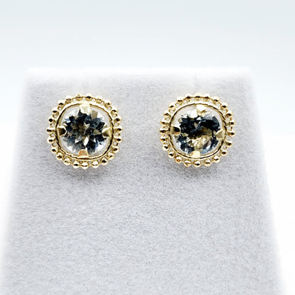 Gold Aquamarine Stud Earring, 10k Yellow Gold Milgrain Genuine Aquamarine 6x6mm Stud Earrings for Women, Handmade March Birthstone Earring