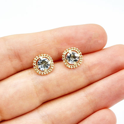 Gold Aquamarine Stud Earring, 10k Yellow Gold Milgrain Genuine Aquamarine 6x6mm Stud Earrings for Women, Handmade March Birthstone Earring