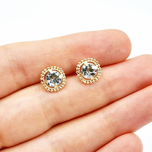 Gold Aquamarine Stud Earring, 10k Yellow Gold Milgrain Genuine Aquamarine 6x6mm Stud Earrings for Women, Handmade March Birthstone Earring