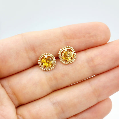 Gold Citrine Earrings, 10K Yellow Gold Milgrain Design Genuine Citrine 6x6mm Stud Earrings, November Birthstone Earrings Gift for Women