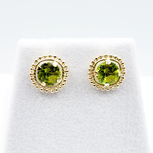Gold Peridot Earrings, 10K Yellow Gold Milgrain Design Genuine Peridot 6x6mm Stud Earrings, Peridot Earrings for Women