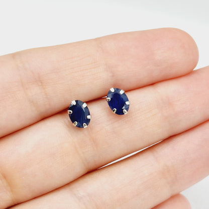 Blue Sapphire Earrings | 10K White Gold Natural Blue Sapphire 7x5mm Stud Earrings