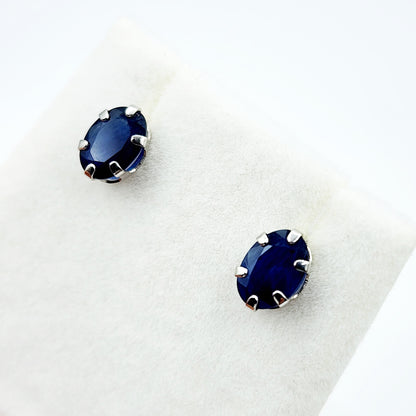 Blue Sapphire Earrings | 10K White Gold Natural Blue Sapphire 7x5mm Stud Earrings