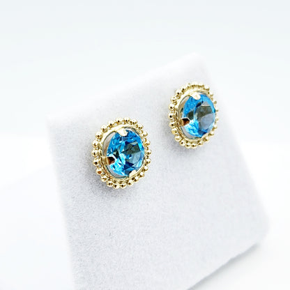 Gold Blue Topaz Earrings, 10K Yellow Gold Milgrain Design Genuine Blue Topaz 6x6mm Stud Earrings, Blue Topaz Earrings for Women