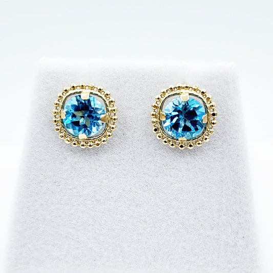 Gold Blue Topaz Earrings, 10K Yellow Gold Milgrain Design Genuine Blue Topaz 6x6mm Stud Earrings, Blue Topaz Earrings for Women