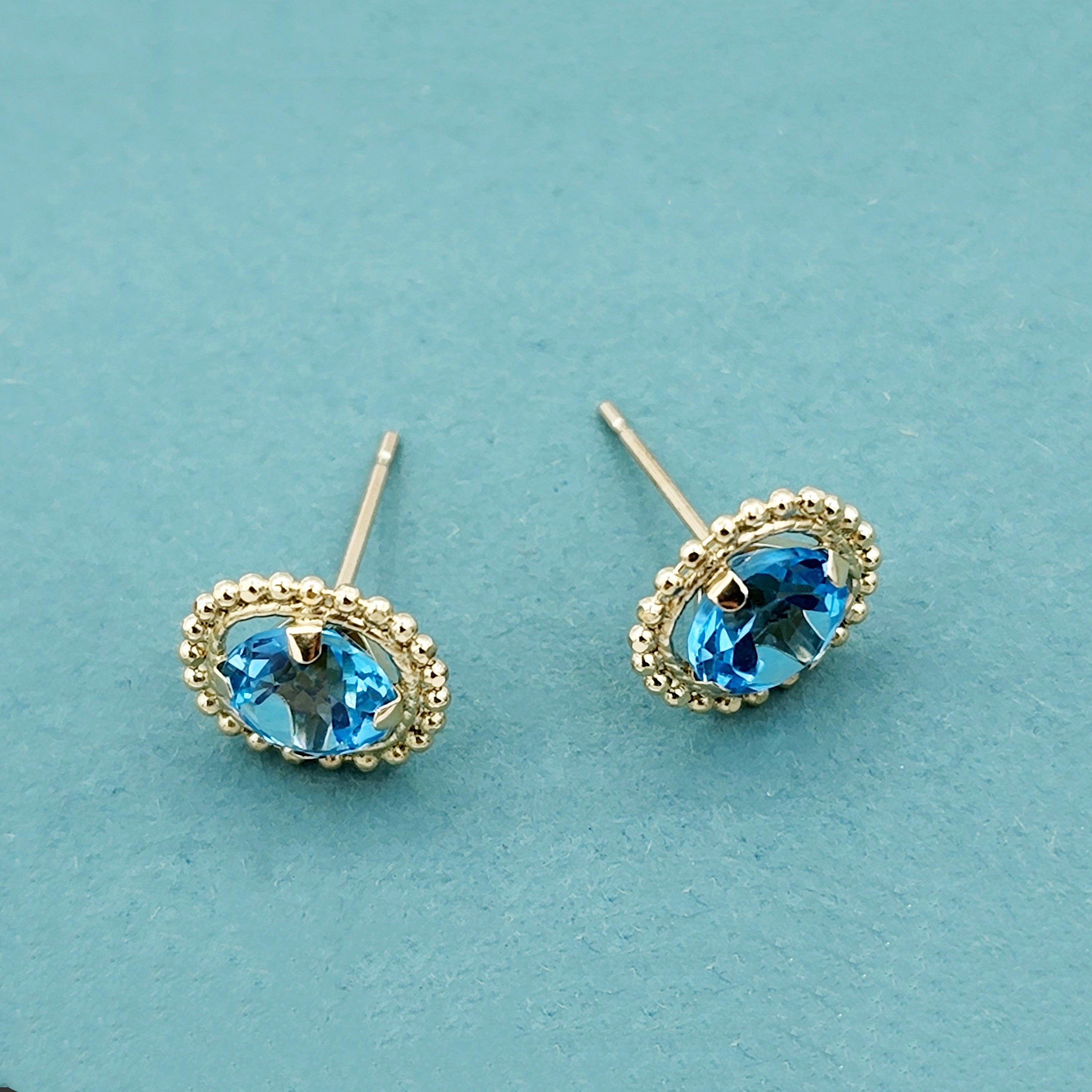 Gold Blue Topaz Earrings, 10K Yellow Gold Milgrain Design Genuine Blue Topaz 6x6mm Stud Earrings, Blue Topaz Earrings for Women