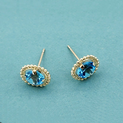 Gold Blue Topaz Earrings, 10K Yellow Gold Milgrain Design Genuine Blue Topaz 6x6mm Stud Earrings, Blue Topaz Earrings for Women