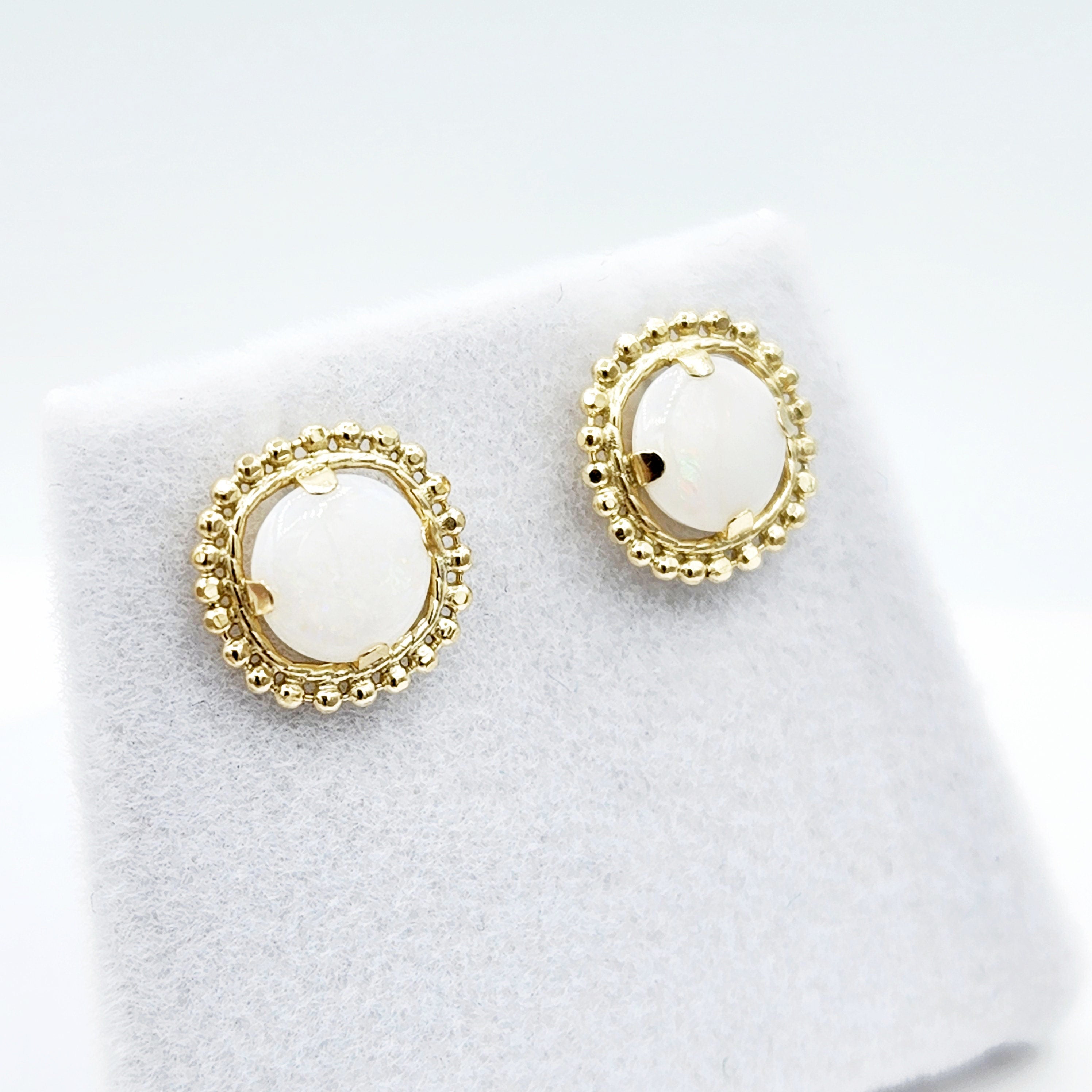 Gold Opal Stud Earrings, 10K Yellow Gold Milgrain Design Genuine Opal 6x6mm Stud Earrings , October Birthstone Earrings Gift for Women