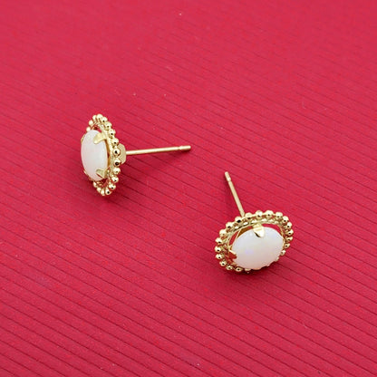 Gold Opal Stud Earrings, 10K Yellow Gold Milgrain Design Genuine Opal 6x6mm Stud Earrings , October Birthstone Earrings Gift for Women