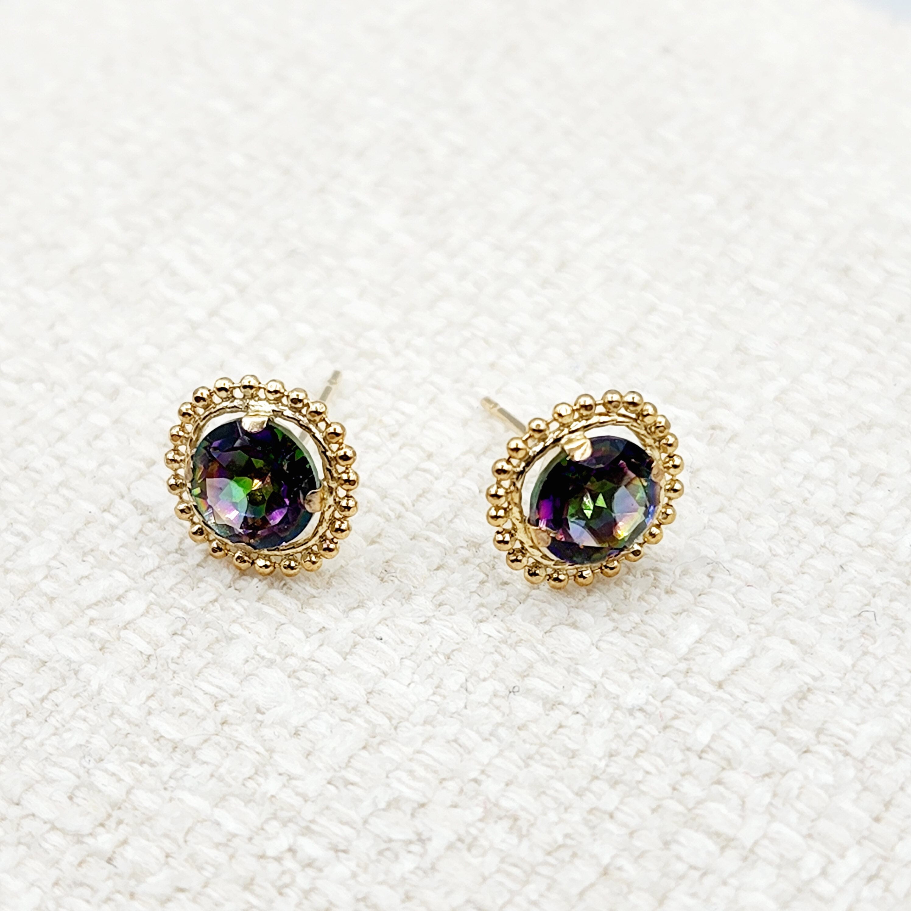 Gold Mystic Topaz Earrings, 10K Yellow Gold Milgrain Design Genuine Mystic Topaz 6x6mm Stud Earrings, Gemstone Versatile Earrings for Women