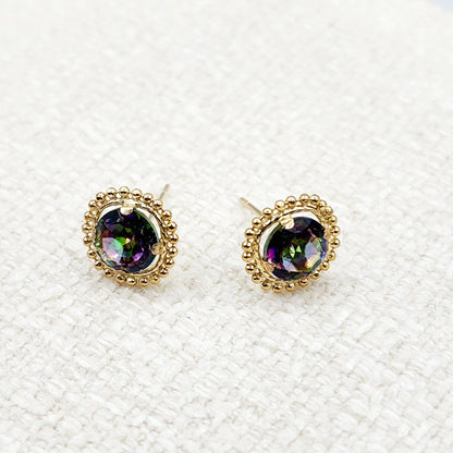 Gold Mystic Topaz Earrings, 10K Yellow Gold Milgrain Design Genuine Mystic Topaz 6x6mm Stud Earrings, Gemstone Versatile Earrings for Women