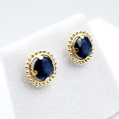 Gold Blue Sapphire Earrings, 10K Yellow Gold Milgrain Design Genuine Blue Sapphire 6x6mm Stud Earrings Birthstone Earrings for Women