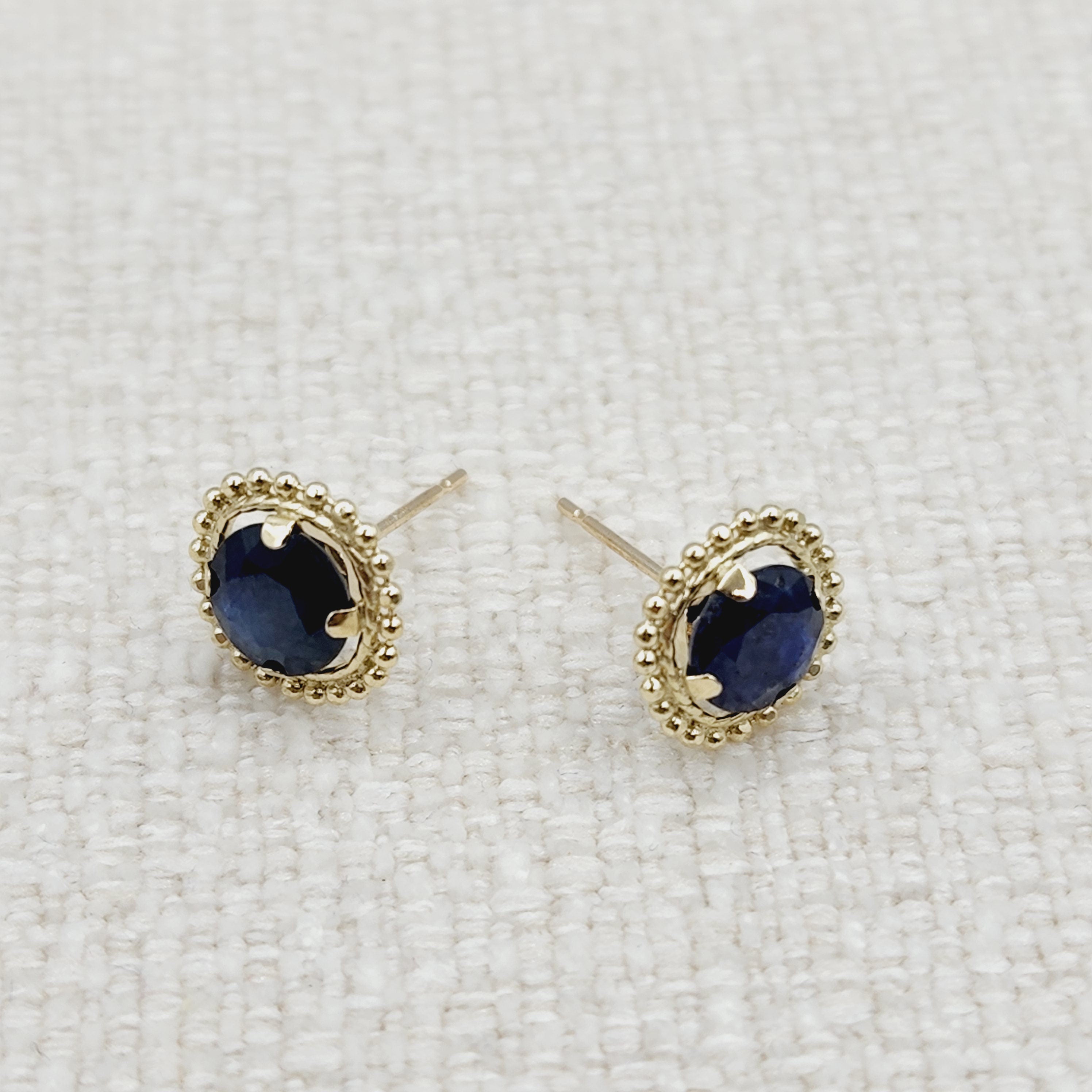 Gold Blue Sapphire Earrings, 10K Yellow Gold Milgrain Design Genuine Blue Sapphire 6x6mm Stud Earrings Birthstone Earrings for Women