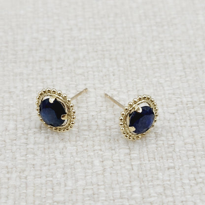 Gold Blue Sapphire Earrings, 10K Yellow Gold Milgrain Design Genuine Blue Sapphire 6x6mm Stud Earrings Birthstone Earrings for Women