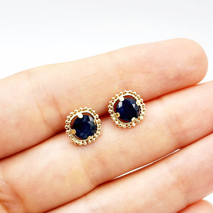 Gold Blue Sapphire Earrings, 10K Yellow Gold Milgrain Design Genuine Blue Sapphire 6x6mm Stud Earrings Birthstone Earrings for Women