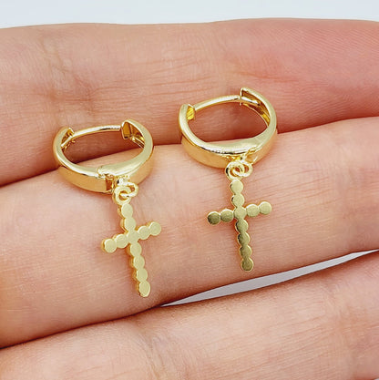 Gold Cross Charm Dangle Earrings | 10K Gold Cross Hoop Earrings | Small Gold Earrings for her | Gift for her | Dangle Earrings for Women